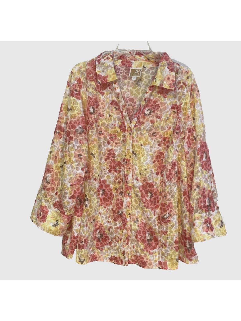 JM Collection Sheer Floral Button-Down Blouse in Cream, Yellow & Red size 20W
